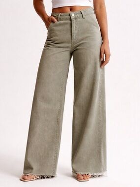 ZARA Olive Green High Rise Wide Leg Jeans Raw Hem Cotton Minimalist Spring Sm 6